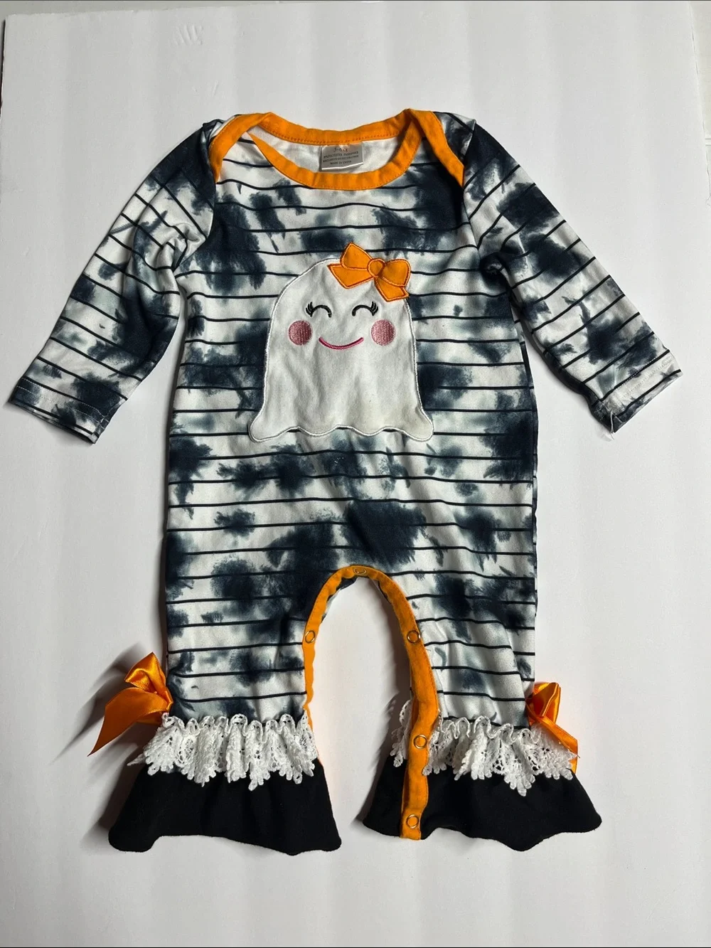 Kids Ghost One-Piece Romper in Black & White with Orange Trim